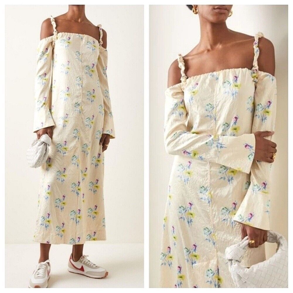 NWT GANNI - Ganni Floral Off the Shoulder Long Sleeve Crinkled Satin Maxi Dress - Picture 3 of 9